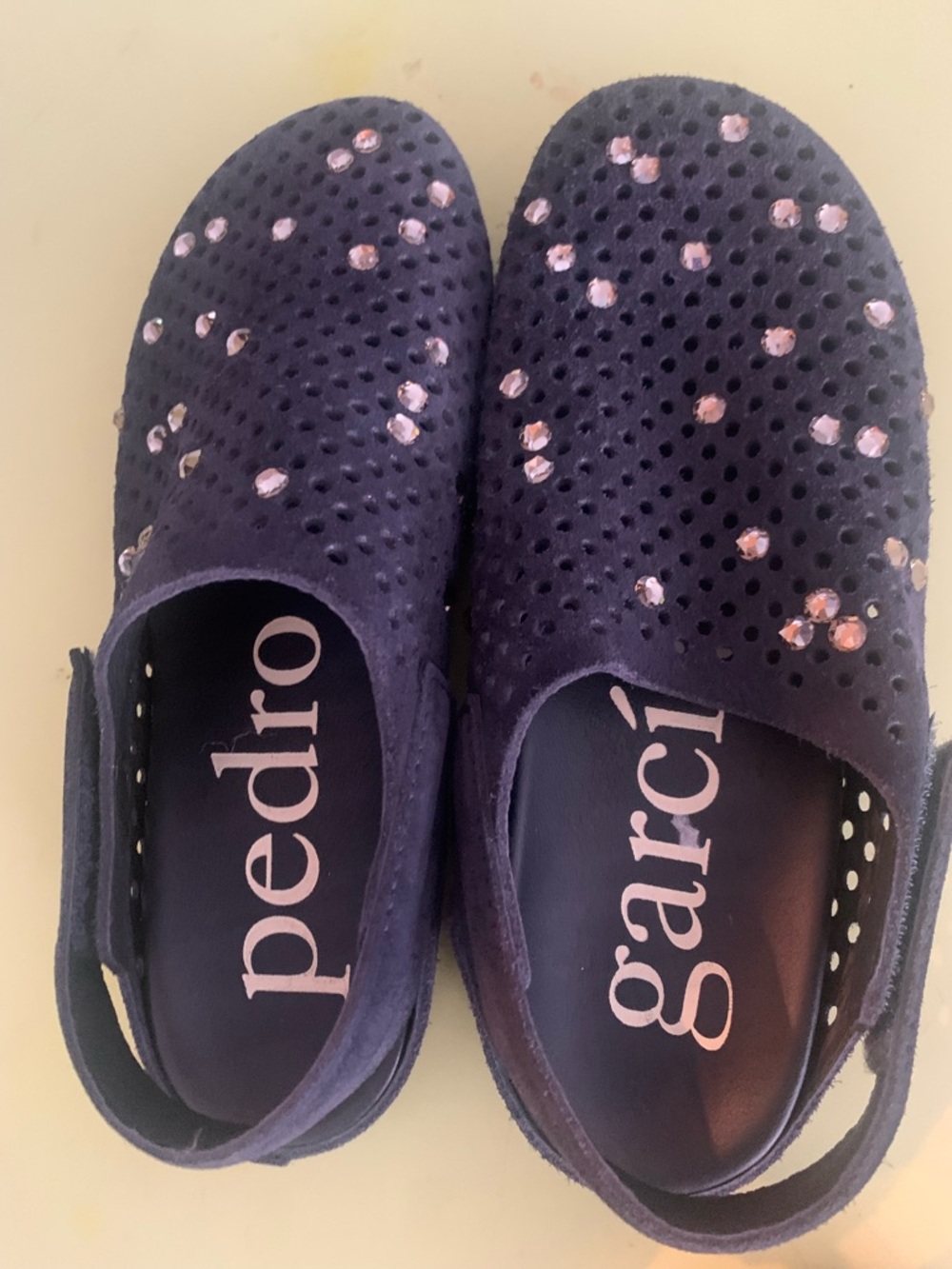 Pedro Garcia Navy Suede Perforated Slingback Flats with Pink Crystal Accents